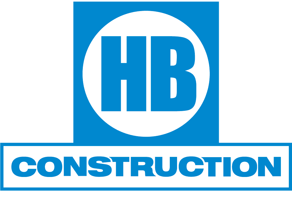 light blue and white company logo with HB in blue with construction below